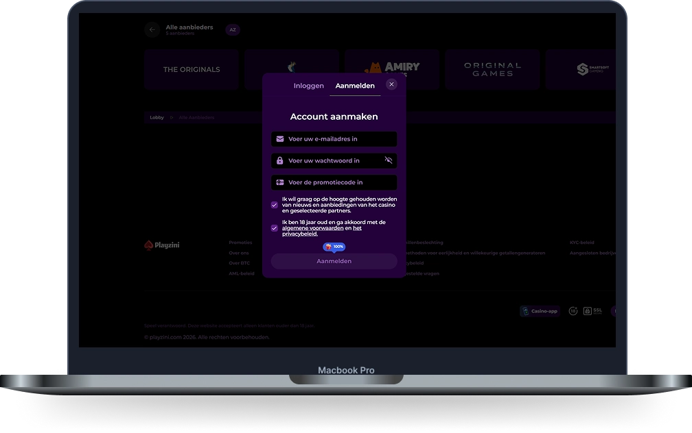 Playzini Casino registratieformulier voor account aanmaken op Macbook Pro