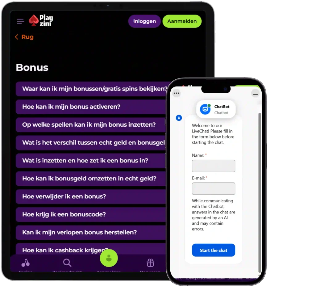 Playzini Casino mobiele FAQ-sectie en livechat-interface op smartphone en tablet