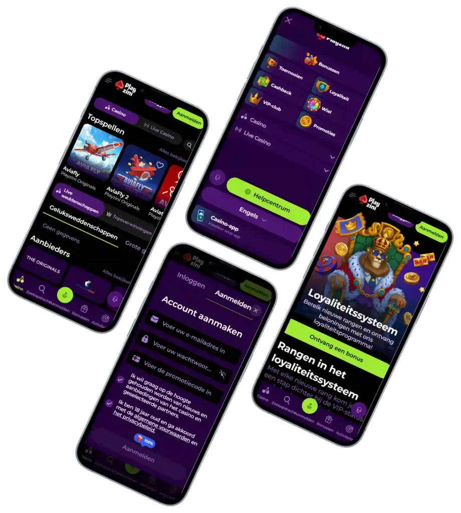 Playzini Casino mobiele interface met topspellen, VIP-programma, registratie en navigatiemenu op smartphones