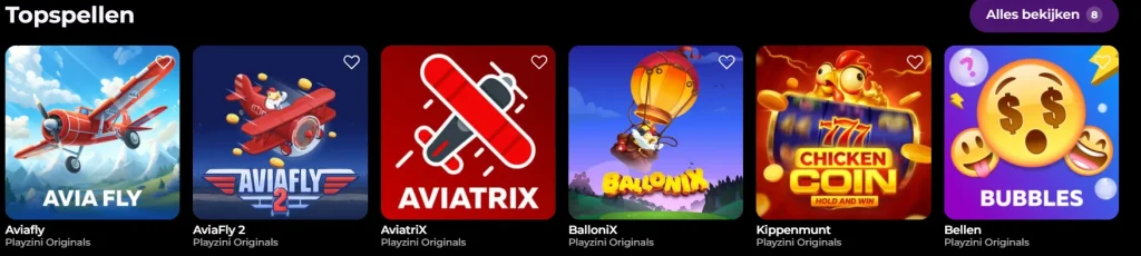 Playzini Casino topspellen overzicht met Aviafly, Aviafly 2, Aviatrix, Ballonix, Kippenmunt en Bellen